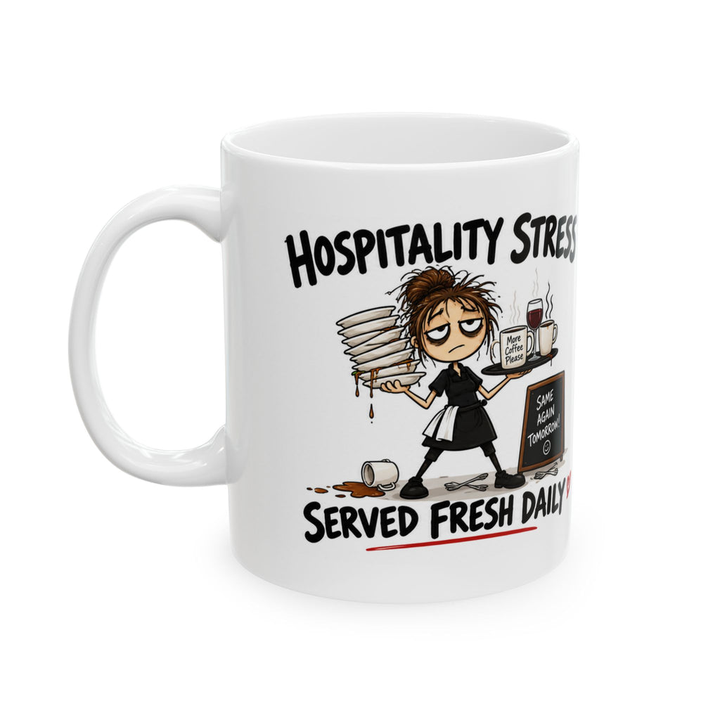 Hospitality Stress Served Fresh Daily Mug | Funny Waitress & Staff Gift